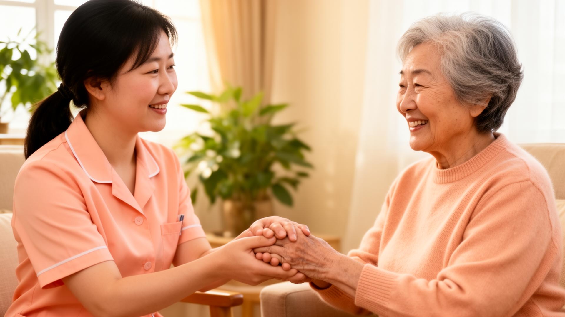 Caregiver holding hands of smiling elderly woman in warm senior living lounge